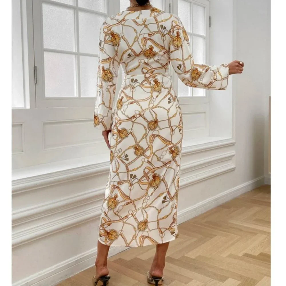 Tie Front Chain Print Asymmetrical Hem long sleeve Midi Dress - Picture 2 of 6